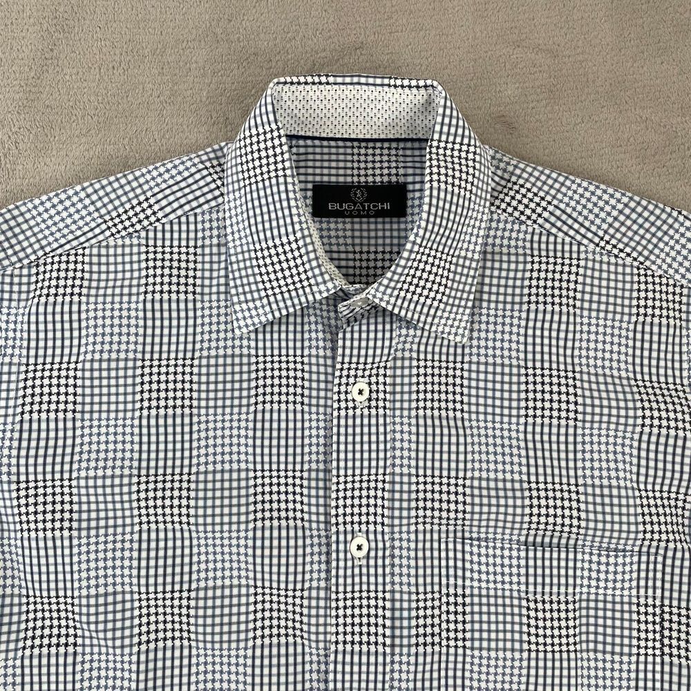 Bugatchi Shirt Men Medium Blue Check Houndstooth Flip Cuff Short Sleeve Preppy